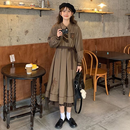 Long-Sleeve Collared Embroidered Layered Tie Waist Midi A-Line Dress / Notch Lapel Double-Breasted Capelet / Set