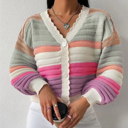 Scallop Trim V-Neck Button-Up Crop Cardigan