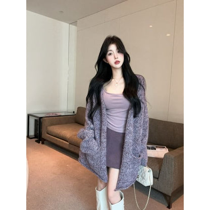 Melange Open Front Cardigan with Slim Camisole and High-Waist Pencil Skirt