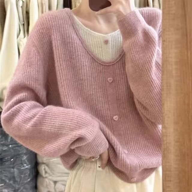 Two-Tone Mock Two-Piece Long-Sleeve Knit Pullover