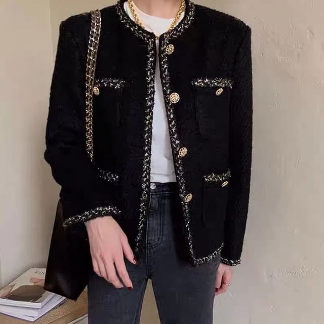 Round Neck Contrast Trim Tweed Button Jacket