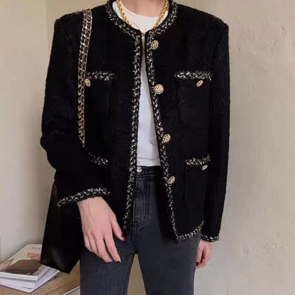 Round Neck Contrast Trim Tweed Button Jacket