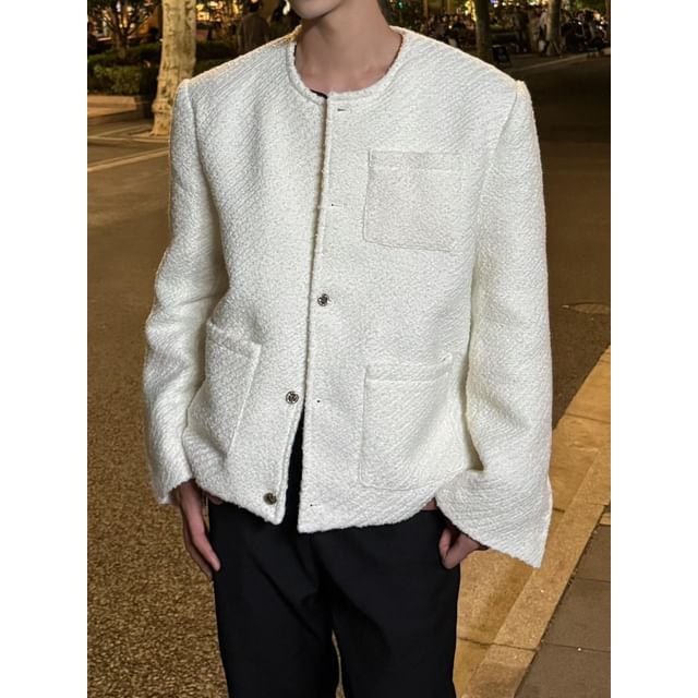 Crewneck Button-Up Tweed Jacket