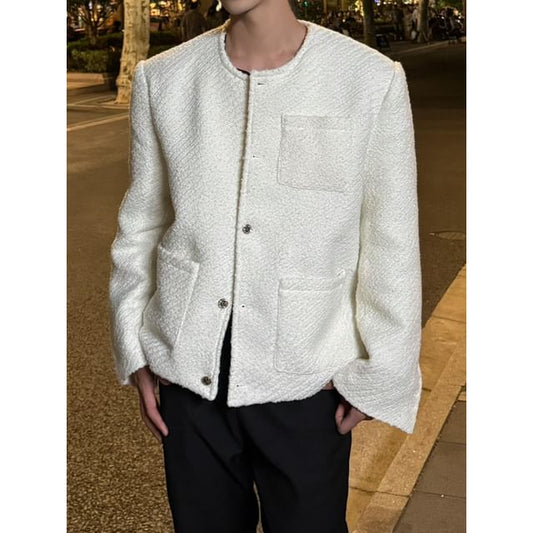 Crewneck Button-Up Tweed Jacket