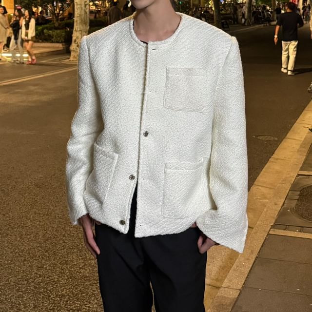 Crewneck Button-Up Tweed Jacket