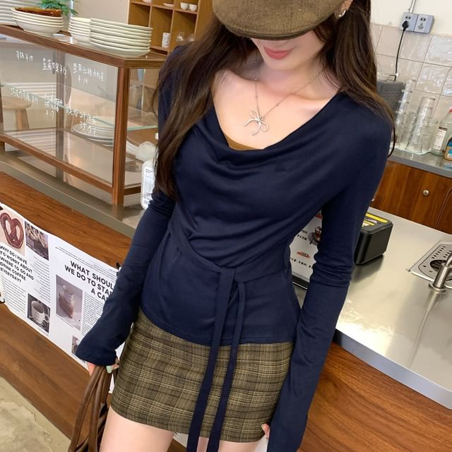 Off-Shoulder Solid Tee with Long Sleeves