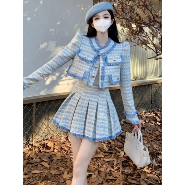 Set: Plaid Tweed Button-Up Crop Jacket + Mini Pleated Skirt