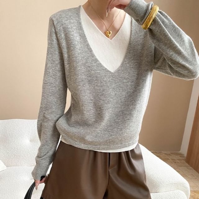 Two-Tone V-Neck Sweater with Mock Layered Design