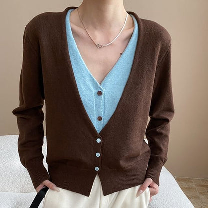 Two-Tone V-Neck Cardigan with Mock Layered Design