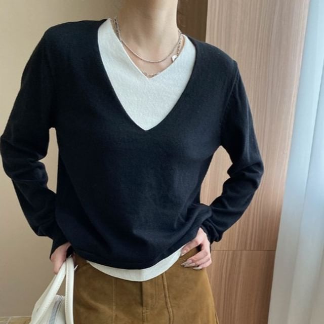 Two-Tone V-Neck Sweater with Mock Layered Design