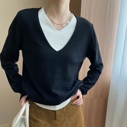 Two-Tone V-Neck Sweater with Mock Layered Design