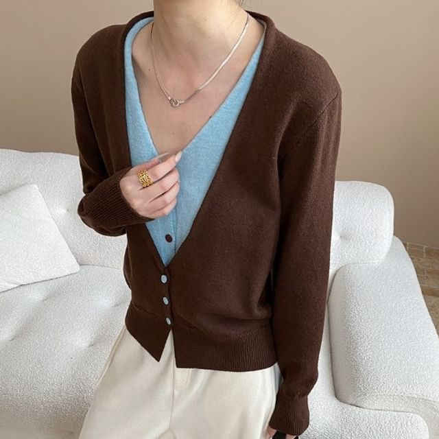 Two-Tone V-Neck Cardigan with Mock Layered Design