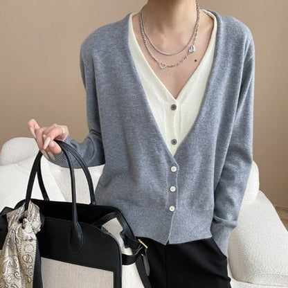Two-Tone V-Neck Cardigan with Mock Layered Design