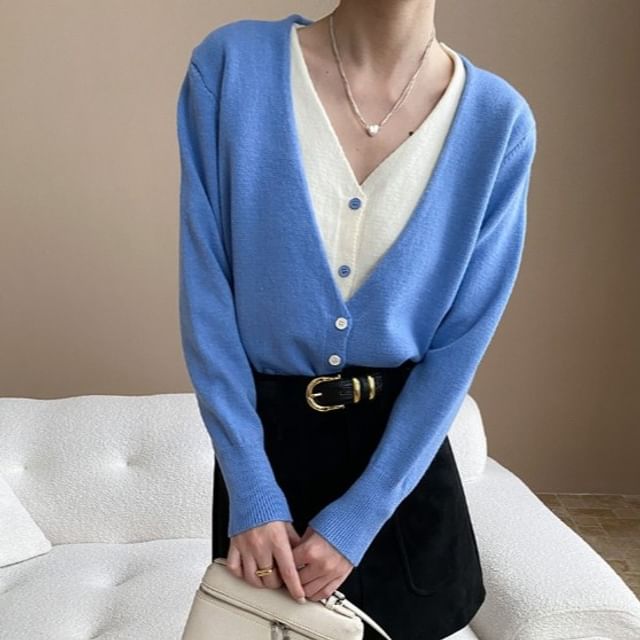 Two-Tone V-Neck Cardigan with Mock Layered Design