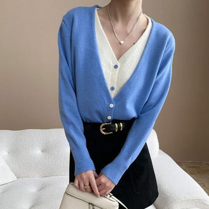 Two-Tone V-Neck Cardigan with Mock Layered Design