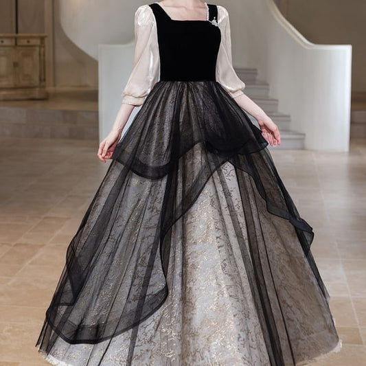 Panel Gown Designs) Evening Neck Overlay Trim Jacquard A-Line Pearl Square Faux (Various Mesh