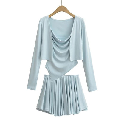 Open Front Crop Cardigan with Cowl Neck Camisole and Mini A-Line Skirt Set
