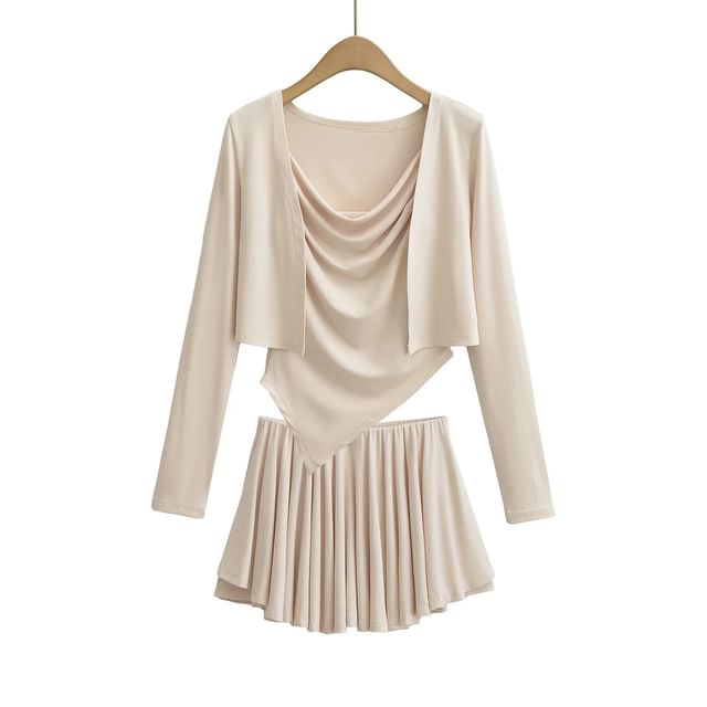 Open Front Crop Cardigan with Cowl Neck Camisole and Mini A-Line Skirt Set