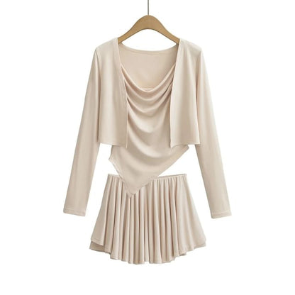 Open Front Crop Cardigan with Cowl Neck Camisole and Mini A-Line Skirt Set