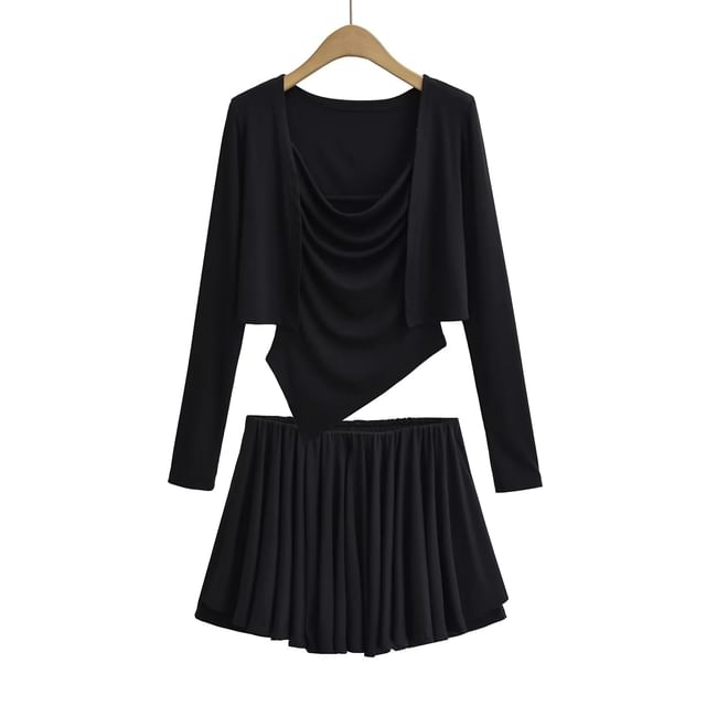 Open Front Crop Cardigan with Cowl Neck Camisole and Mini A-Line Skirt Set
