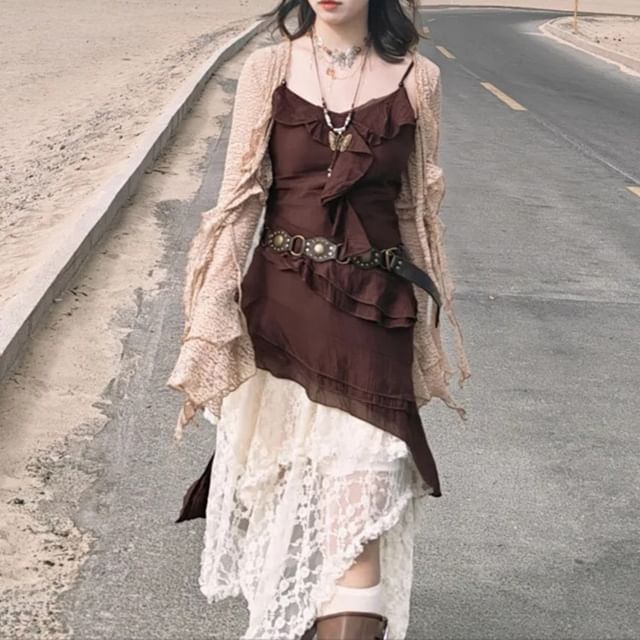 Ruffle Asymmetrical Mini Dress, Tie-Front Cardigan & Lace Midi Skirt