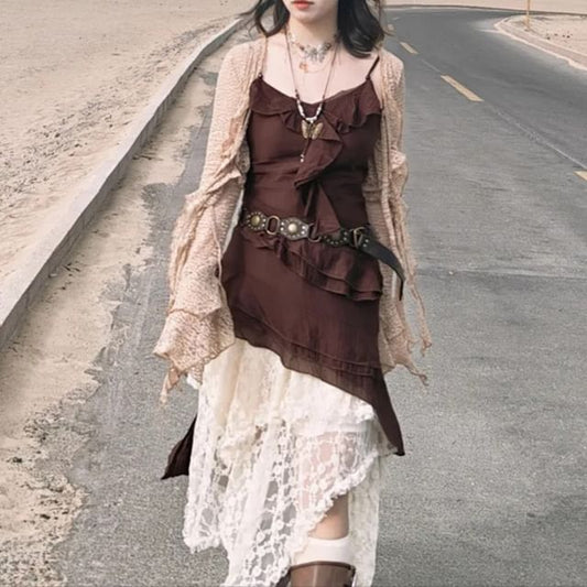 Ruffle Asymmetrical Mini Dress, Tie-Front Cardigan & Lace Midi Skirt