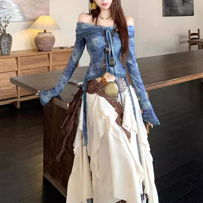 Tie-Dye Off-Shoulder Lace-Trim Cropped Tee & Low-Rise Maxi Skirt
