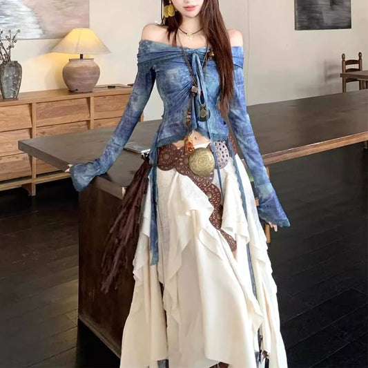 Tie-Dye Off-Shoulder Lace-Trim Cropped Tee & Low-Rise Maxi Skirt