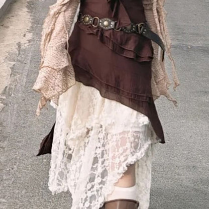Ruffle Asymmetrical Mini Dress, Tie-Front Cardigan & Lace Midi Skirt