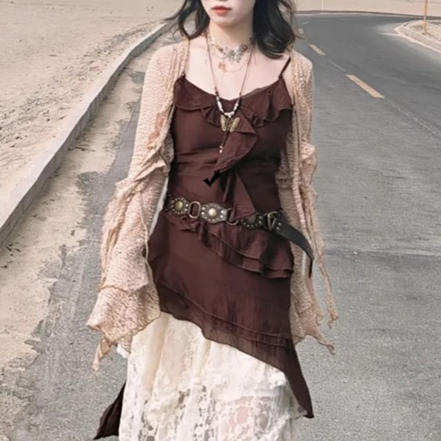 Ruffle Asymmetrical Mini Dress, Tie-Front Cardigan & Lace Midi Skirt