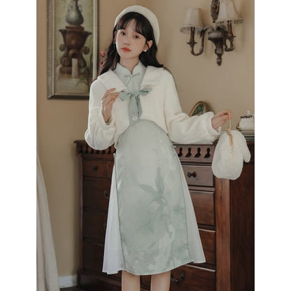 Long Sleeve Mandarin Collar Floral Print Panel Midi A-Line Dress / Collared Plain Fluffy Crop Tie Front Jacket