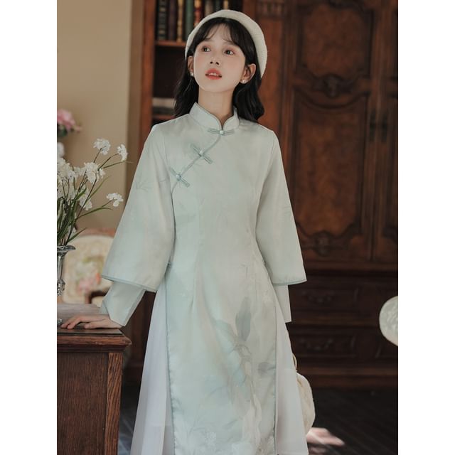 Long Sleeve Mandarin Collar Floral Print Panel Midi A-Line Dress / Collared Plain Fluffy Crop Tie Front Jacket