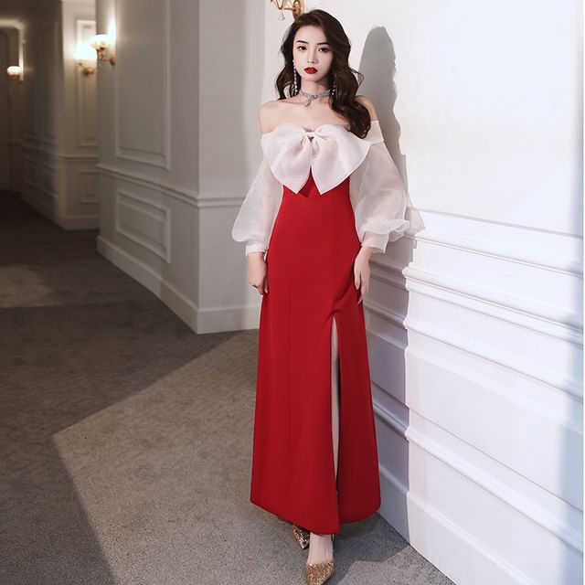 Long-Sleeve Off-Shoulder Two Tone Bow Slit A-Line Evening Dress (Various Designs)