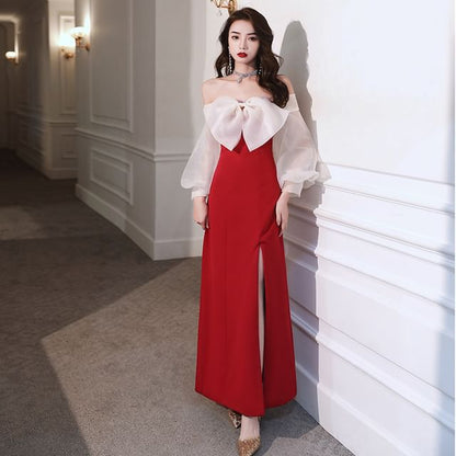 Long-Sleeve Off-Shoulder Two Tone Bow Slit A-Line Evening Dress (Various Designs)