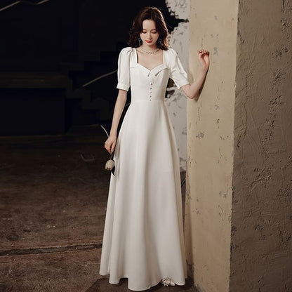 Short-Sleeve / Sleeveless Plain Maxi A-Line Wedding Dress
