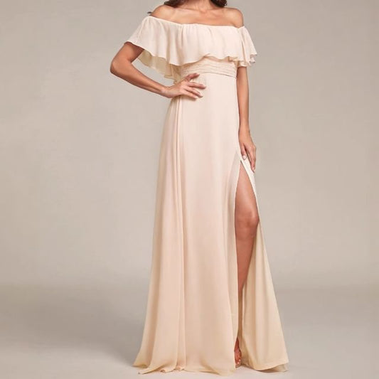 Evening Ruffle Trim Off Slit Plain Shoulder A-Line Gown