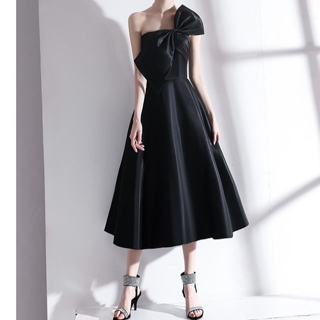 Strapless Plain Bow Detail Midi Cocktail Dress