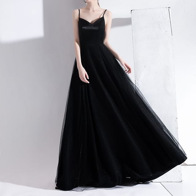 A-Line Spaghetti Strap Gown Evening Plain V-Neck
