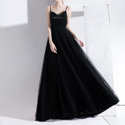 Spaghetti Strap V-Neck Plain A-Line Evening Gown