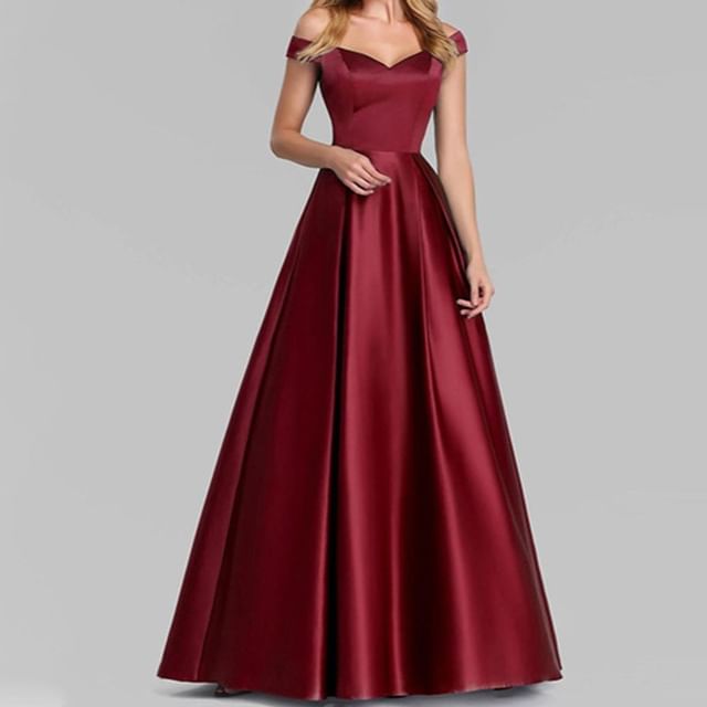 Evening Shoulder A-Line Plain Gown Off