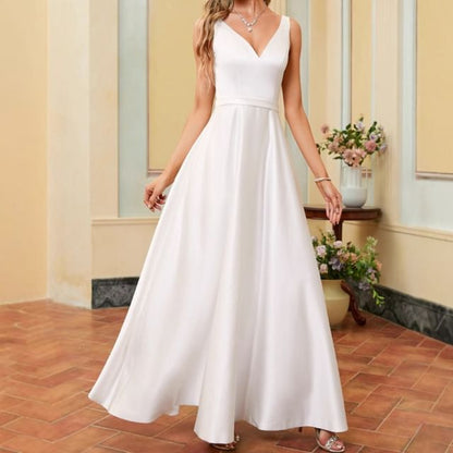 V-Neck Sleeveless Plain Gown A-Line Evening