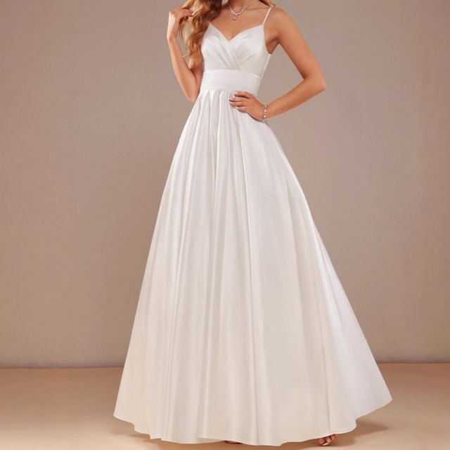 Spaghetti Gown Strap Evening V-Neck Plain