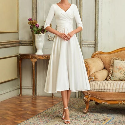 Elbow-Sleeve V-Neck Plain Cocktail Dress