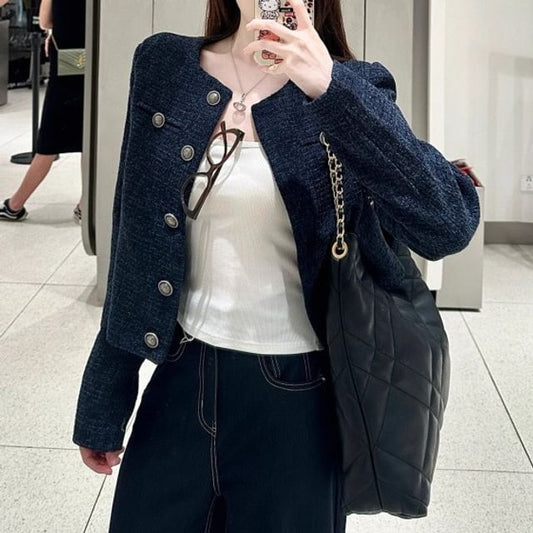 Round Neck Tweed Button Jacket