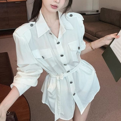 Set: Buttoned Collar Solid Blouse & Matching Belt, Long Sleeves