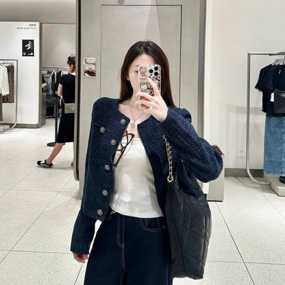 Round Neck Tweed Button Jacket