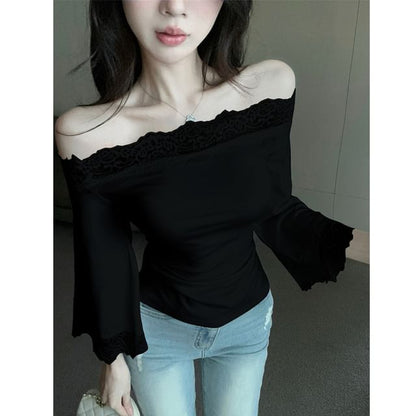 Lace Panel Off-Shoulder Slim Top with 3/4 Sleeves