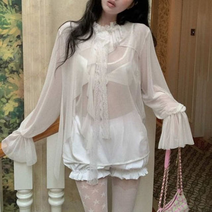 Mock-Neck Flared-Sleeve Lace-Trim Sheer Ruffle Blouse