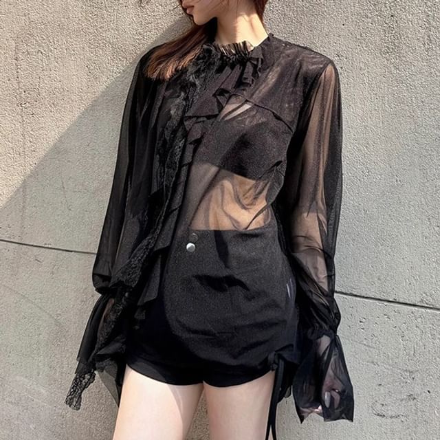 Mock-Neck Flared-Sleeve Lace-Trim Sheer Ruffle Blouse