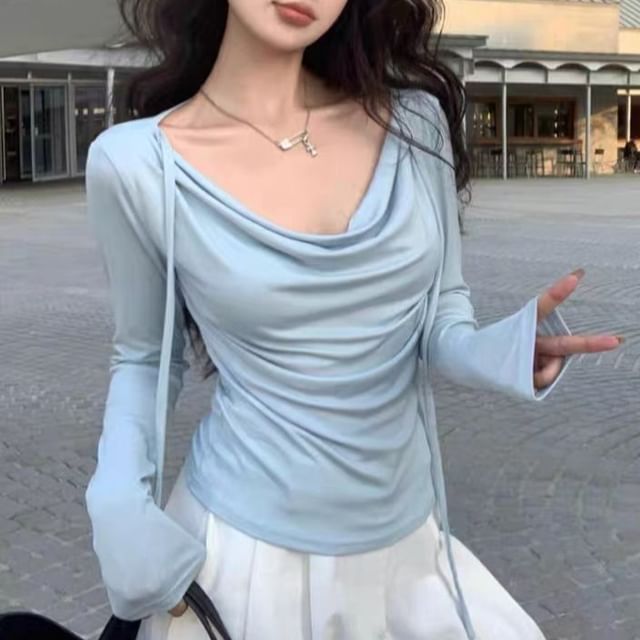 Cowl-Neck Long-Sleeve Solid Knit Tee with Relaxed Fit